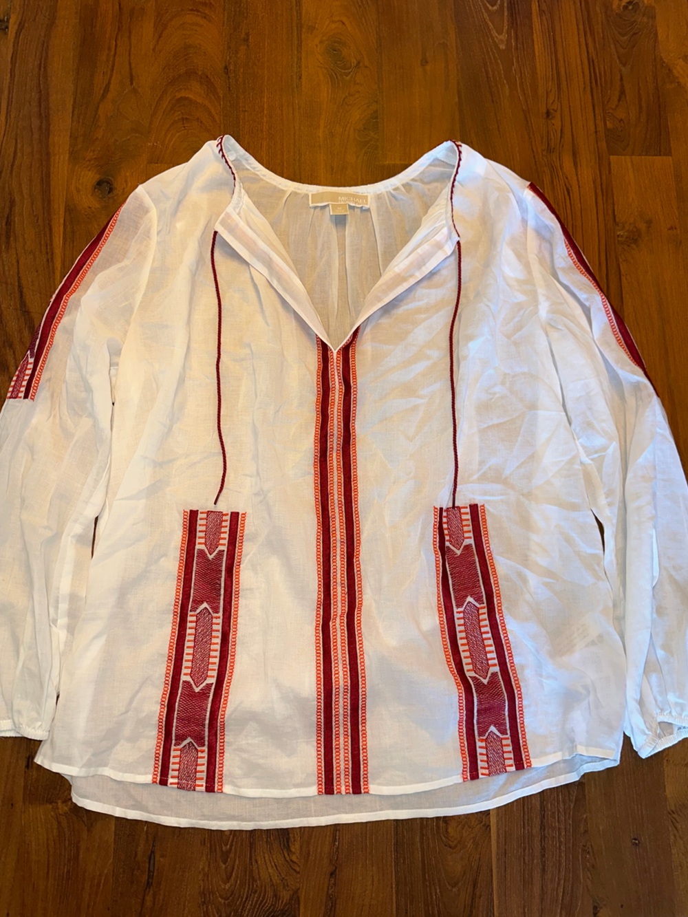 Michael Kors White Women’s Embroidered  Long Sleeved Blouse with Red Trim Size M
